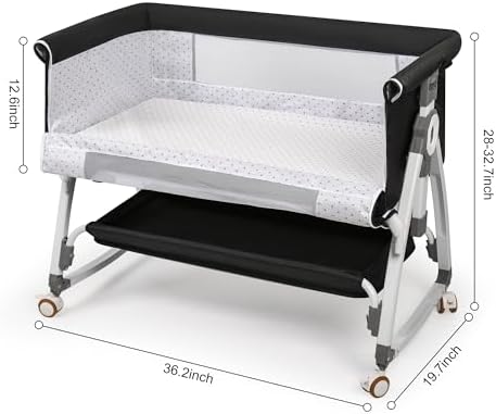 Baby Bassinet Bedside Sleeper, 3 in 1 Rocking Bassinet for Baby, Bassinet Bedside Sleeper with Wheels, Adjustable Height, Storage Basket, Mattress & Canopy, Bed Side Bassinet for Newborn