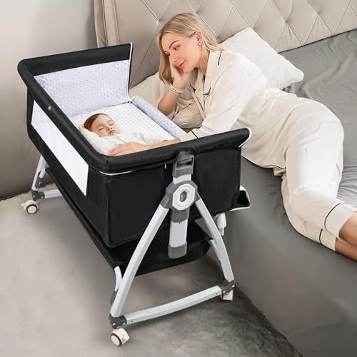 Baby Bassinet Bedside Sleeper, 3 in 1 Rocking Bassinet for Baby, Bassinet Bedside Sleeper with Wheels, Adjustable Height, Storage Basket, Mattress & Canopy, Bed Side Bassinet for Newborn