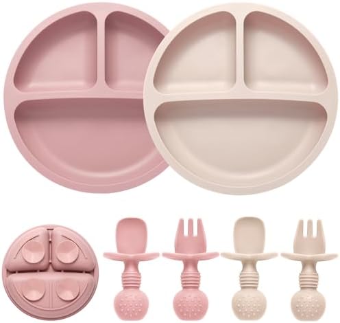 Silicone Feeding Set, 2 Pack Divided Toddler Plates with Suction, 2 Pack Utensils - Spoons & Forks, BPA Free, Baby Led Weaning Supplies