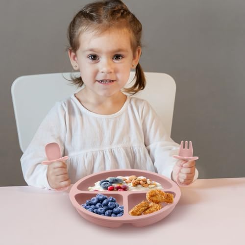 Silicone Feeding Set, 2 Pack Divided Toddler Plates with Suction, 2 Pack Utensils - Spoons & Forks, BPA Free, Baby Led Weaning Supplies