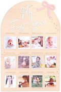 Bow My First Year Birthday Board - One Year Of Photo Board,Monthly Milestone Wood Photo Board,First Birthday Decorations Girl,12 Months Photo Banner