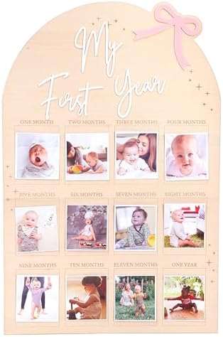 Bow My First Year Birthday Board - One Year Of Photo Board,Monthly Milestone Wood Photo Board,First Birthday Decorations Girl,12 Months Photo Banner