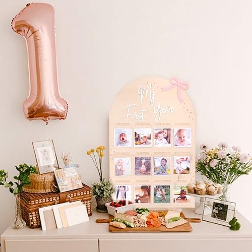 Bow My First Year Birthday Board - One Year Of Photo Board,Monthly Milestone Wood Photo Board,First Birthday Decorations Girl,12 Months Photo Banner