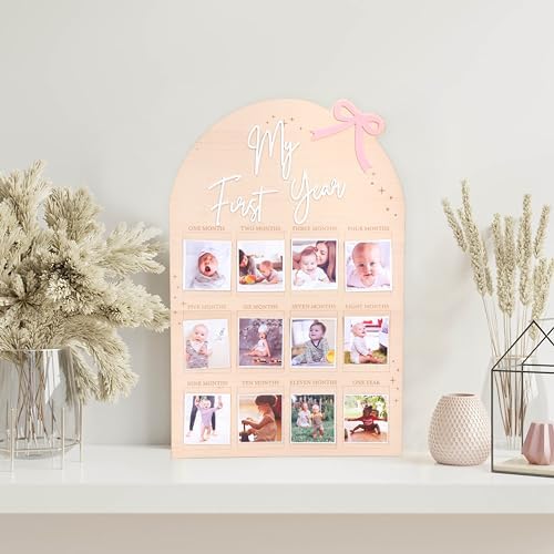 Bow My First Year Birthday Board - One Year Of Photo Board,Monthly Milestone Wood Photo Board,First Birthday Decorations Girl,12 Months Photo Banner
