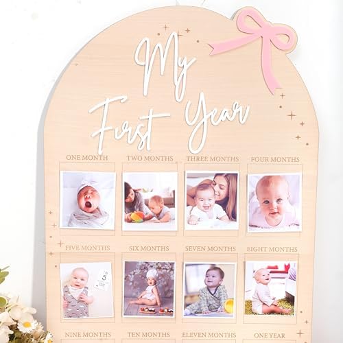 Bow My First Year Birthday Board - One Year Of Photo Board,Monthly Milestone Wood Photo Board,First Birthday Decorations Girl,12 Months Photo Banner