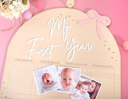 Bow My First Year Birthday Board - One Year Of Photo Board,Monthly Milestone Wood Photo Board,First Birthday Decorations Girl,12 Months Photo Banner