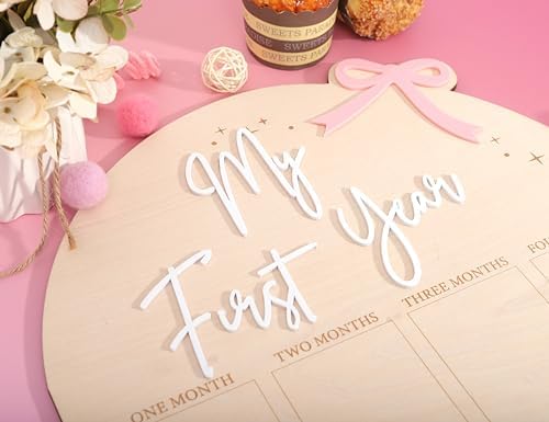Bow My First Year Birthday Board - One Year Of Photo Board,Monthly Milestone Wood Photo Board,First Birthday Decorations Girl,12 Months Photo Banner