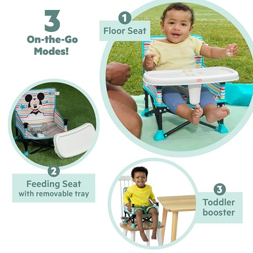 Disney Mickey Mouse Pop 'N Sit Portable Booster, Indoor/Outdoor Use, Floor Seat with Feeding Tray, Blue, 6 Mos - 3 Yrs