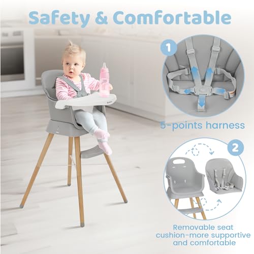 6 in 1 Wooden High Chairs for Babies and Toddlers, Convertible Portable High Chair, Booster Seat for Dining Table,Toddlers Chair with Adjustable Legs & Dishwasher Safe Tray