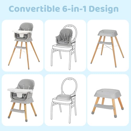 6 in 1 Wooden High Chairs for Babies and Toddlers, Convertible Portable High Chair, Booster Seat for Dining Table,Toddlers Chair with Adjustable Legs & Dishwasher Safe Tray