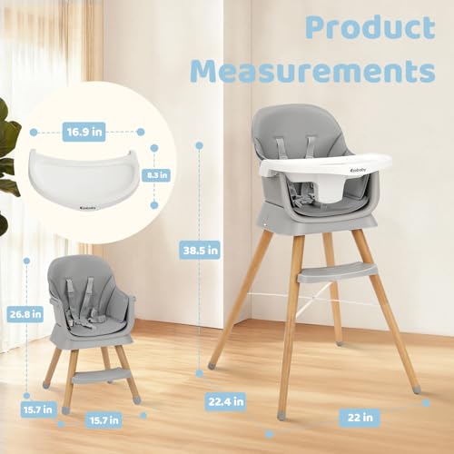 6 in 1 Wooden High Chairs for Babies and Toddlers, Convertible Portable High Chair, Booster Seat for Dining Table,Toddlers Chair with Adjustable Legs & Dishwasher Safe Tray
