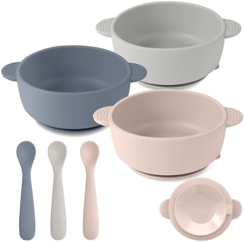 Silicone Baby Feeding Set, 3 Pack Baby Bowls with Suction and 3 Pack Baby Spoons for Babies Toddlers Kids, BPA Free, Baby Utensils Feeding Supplies, Microwave and Dishwasher Safe