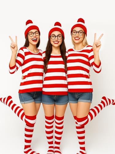 Halloween Costume Sets, Halloween Women Cosplay Red White Striped Shirt Beanie Cap Glasses Socks for Halloween Party