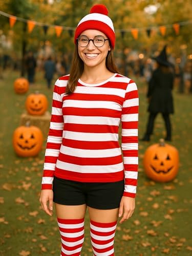 Halloween Costume Sets, Halloween Women Cosplay Red White Striped Shirt Beanie Cap Glasses Socks for Halloween Party