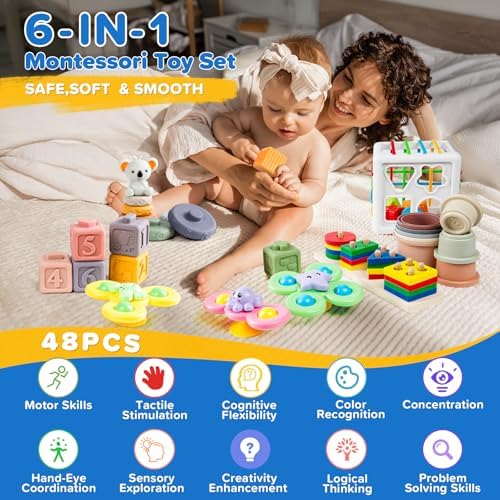 6-in-1 Baby Toys 6 to 12 Months, Montessori Toys for Babies 6-12-18 Months, Infant Teething Toy Stacking Blocks Rings Sensory Bin, Sorting Sensory Educational Learning Gift for Toddlers Aged 1-3