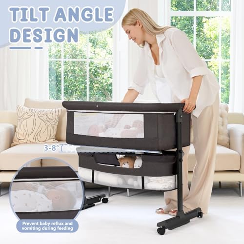 Baby Bassinet, 3 in 1 Bedside Bassinets for Baby, Bassinet Bedside Sleeper with Wheels, Adjustable Height with Rocking Mode, Breathable Mesh, Storage Basket, Easy Assemble & Folding (Dark Gray)