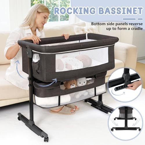 Baby Bassinet, 3 in 1 Bedside Bassinets for Baby, Bassinet Bedside Sleeper with Wheels, Adjustable Height with Rocking Mode, Breathable Mesh, Storage Basket, Easy Assemble & Folding (Dark Gray)