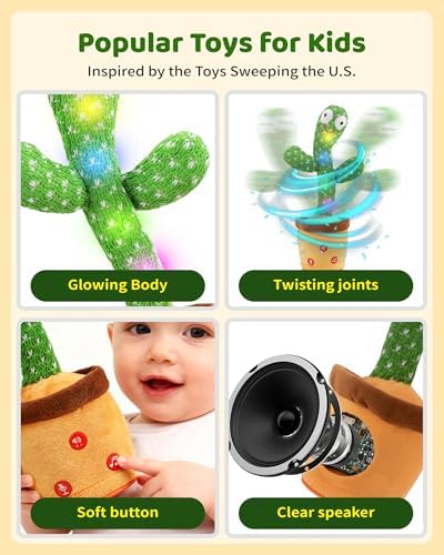 Adjustable Volume Dancing Talking Cactus Toy for Baby Toddler, Boys Girls Gifts Singing Mimicking Recording Repeating What You Say Baby Toys with 120 English Songs