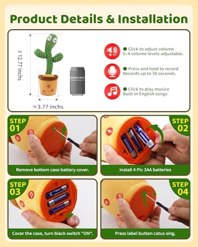 Adjustable Volume Dancing Talking Cactus Toy for Baby Toddler, Boys Girls Gifts Singing Mimicking Recording Repeating What You Say Baby Toys with 120 English Songs