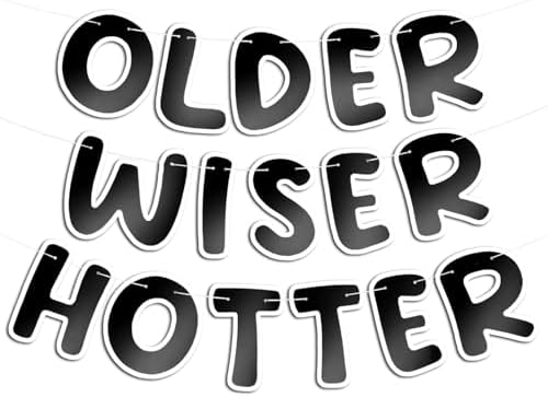 Set of 3 Pre Strung Older Wiser Hotter Glitter Banner Funny Birthday Banner for Women 30th 40th 50th 60th 70th 80th Birthday Party Decorations Sign Gift(Bright Black and White)