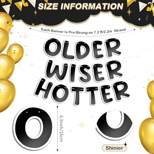 Set of 3 Pre Strung Older Wiser Hotter Glitter Banner Funny Birthday Banner for Women 30th 40th 50th 60th 70th 80th Birthday Party Decorations Sign Gift(Bright Black and White)