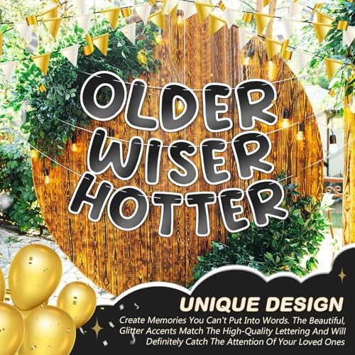 Set of 3 Pre Strung Older Wiser Hotter Glitter Banner Funny Birthday Banner for Women 30th 40th 50th 60th 70th 80th Birthday Party Decorations Sign Gift(Bright Black and White)