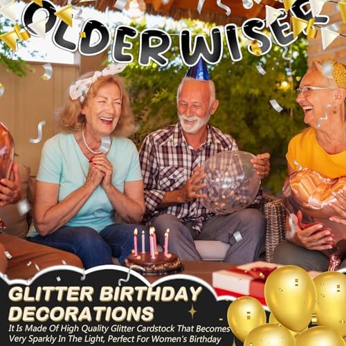 Set of 3 Pre Strung Older Wiser Hotter Glitter Banner Funny Birthday Banner for Women 30th 40th 50th 60th 70th 80th Birthday Party Decorations Sign Gift(Bright Black and White)