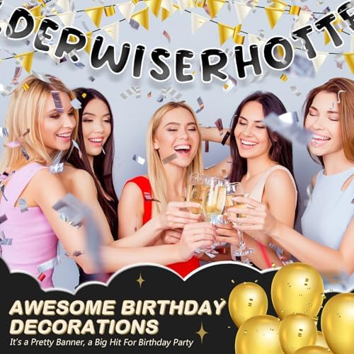 Set of 3 Pre Strung Older Wiser Hotter Glitter Banner Funny Birthday Banner for Women 30th 40th 50th 60th 70th 80th Birthday Party Decorations Sign Gift(Bright Black and White)