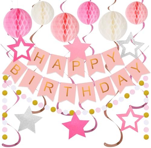 Birthday Decorations, Happy Birthday Banner with Honeycomb Balls, Stars Hanging Swirls Streamers, Circle Dots Garland, Happy Birthday Party Decorations for Women Men Boys Girls (Pink)