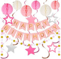 Birthday Decorations, Happy Birthday Banner with Honeycomb Balls, Stars Hanging Swirls Streamers, Circle Dots Garland, Happy Birthday Party Decorations for Women Men Boys Girls (Pink)