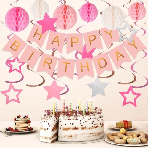 Birthday Decorations, Happy Birthday Banner with Honeycomb Balls, Stars Hanging Swirls Streamers, Circle Dots Garland, Happy Birthday Party Decorations for Women Men Boys Girls (Pink)