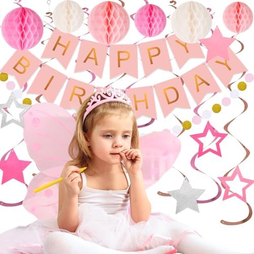 Birthday Decorations, Happy Birthday Banner with Honeycomb Balls, Stars Hanging Swirls Streamers, Circle Dots Garland, Happy Birthday Party Decorations for Women Men Boys Girls (Pink)