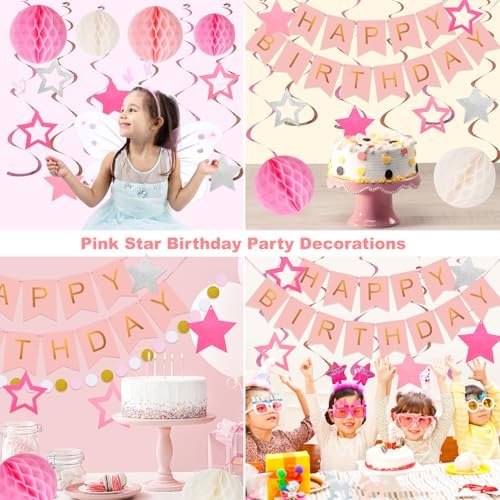 Birthday Decorations, Happy Birthday Banner with Honeycomb Balls, Stars Hanging Swirls Streamers, Circle Dots Garland, Happy Birthday Party Decorations for Women Men Boys Girls (Pink)