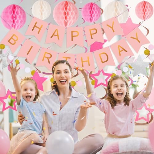 Birthday Decorations, Happy Birthday Banner with Honeycomb Balls, Stars Hanging Swirls Streamers, Circle Dots Garland, Happy Birthday Party Decorations for Women Men Boys Girls (Pink)
