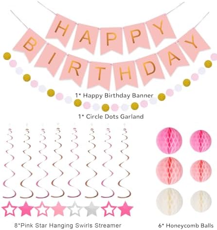 Birthday Decorations, Happy Birthday Banner with Honeycomb Balls, Stars Hanging Swirls Streamers, Circle Dots Garland, Happy Birthday Party Decorations for Women Men Boys Girls (Pink)
