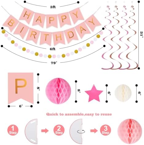 Birthday Decorations, Happy Birthday Banner with Honeycomb Balls, Stars Hanging Swirls Streamers, Circle Dots Garland, Happy Birthday Party Decorations for Women Men Boys Girls (Pink)