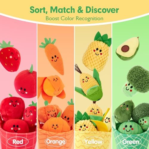 Baby Sensory Toys - 16 PCS My First Fruit Vegetable Color Sorting Play Food Crinkle, Rattle, Baby Toys 6-12 Months Montessori Toys for 1 Year Old Boy Girl Gifts 6 9 Month Old Toy One Year Old