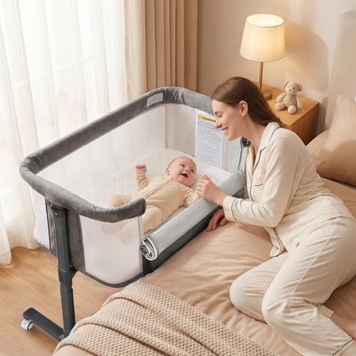 Baby Bassinet Bedside Sleeper, Bedside Bassinets for Baby, Newborn Bassinet Bedside Sleeper with Wheels, Full Breathable Mesh, 6-Height Adjustable, Lockable Wheels, Easy to Assemble