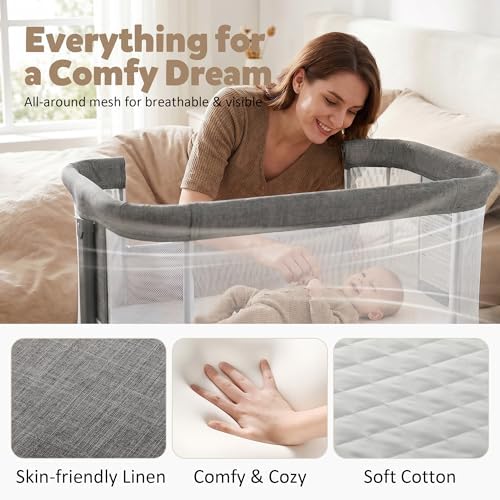 Baby Bassinet Bedside Sleeper, Bedside Bassinets for Baby, Newborn Bassinet Bedside Sleeper with Wheels, Full Breathable Mesh, 6-Height Adjustable, Lockable Wheels, Easy to Assemble