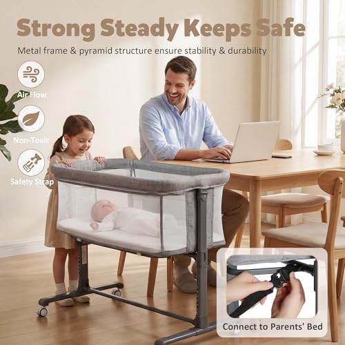 Baby Bassinet Bedside Sleeper, Bedside Bassinets for Baby, Newborn Bassinet Bedside Sleeper with Wheels, Full Breathable Mesh, 6-Height Adjustable, Lockable Wheels, Easy to Assemble