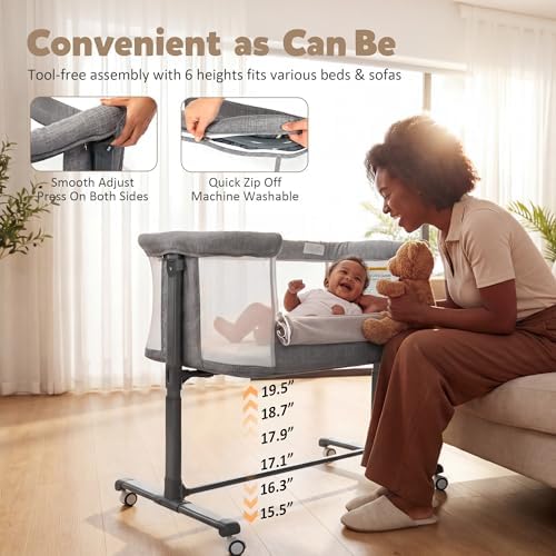 Baby Bassinet Bedside Sleeper, Bedside Bassinets for Baby, Newborn Bassinet Bedside Sleeper with Wheels, Full Breathable Mesh, 6-Height Adjustable, Lockable Wheels, Easy to Assemble