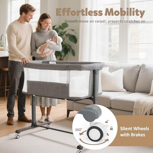 Baby Bassinet Bedside Sleeper, Bedside Bassinets for Baby, Newborn Bassinet Bedside Sleeper with Wheels, Full Breathable Mesh, 6-Height Adjustable, Lockable Wheels, Easy to Assemble