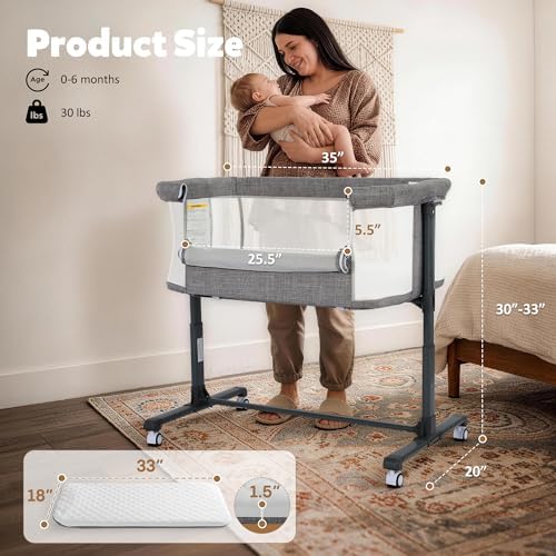 Baby Bassinet Bedside Sleeper, Bedside Bassinets for Baby, Newborn Bassinet Bedside Sleeper with Wheels, Full Breathable Mesh, 6-Height Adjustable, Lockable Wheels, Easy to Assemble