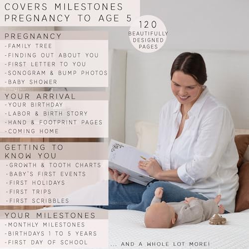 Baby Memory Book for Boy or Girl - First 5 Year Keepsake Album from Pregnancy to Age Five - Baby Book to Record Baby's Milestones and Photos - 1st Gender Neutral Photo Books for Newborn Babies