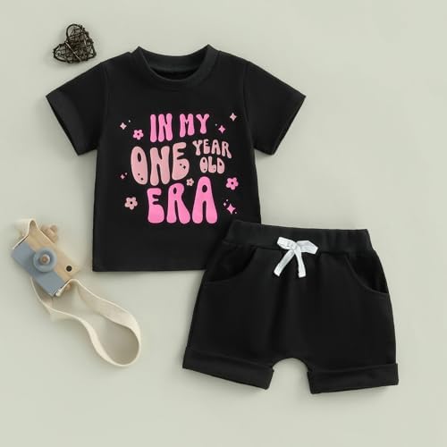 Baby Girl First Birthday Outfit In My One Year Old Era Top Short Sleeve 1st Birthday Shirt + Casual Shorts Set