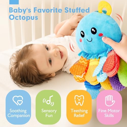 8-in-1 Baby Sensory Tummy Time Toys 3-6 Months Developmental Infant Toys 0-6 Months, Newborn Baby Toys for Boy Girl Gift Montessori Rattle Teething Octopus Toy