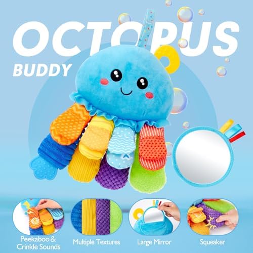 8-in-1 Baby Sensory Tummy Time Toys 3-6 Months Developmental Infant Toys 0-6 Months, Newborn Baby Toys for Boy Girl Gift Montessori Rattle Teething Octopus Toy