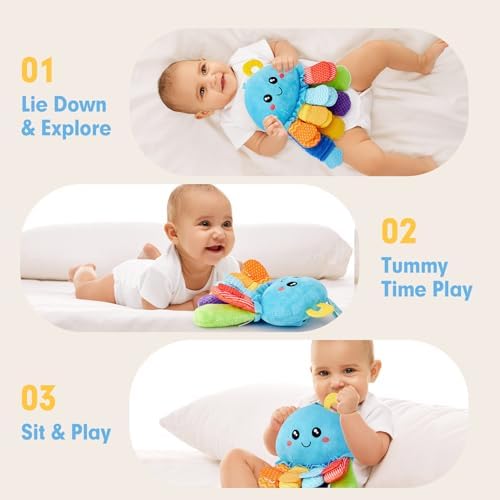 8-in-1 Baby Sensory Tummy Time Toys 3-6 Months Developmental Infant Toys 0-6 Months, Newborn Baby Toys for Boy Girl Gift Montessori Rattle Teething Octopus Toy