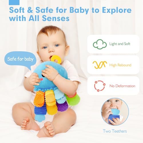 8-in-1 Baby Sensory Tummy Time Toys 3-6 Months Developmental Infant Toys 0-6 Months, Newborn Baby Toys for Boy Girl Gift Montessori Rattle Teething Octopus Toy