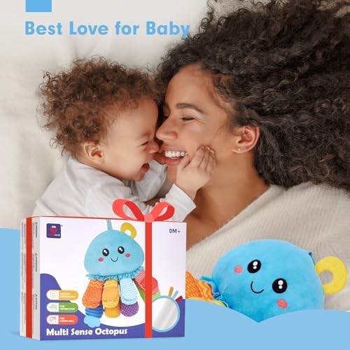 8-in-1 Baby Sensory Tummy Time Toys 3-6 Months Developmental Infant Toys 0-6 Months, Newborn Baby Toys for Boy Girl Gift Montessori Rattle Teething Octopus Toy